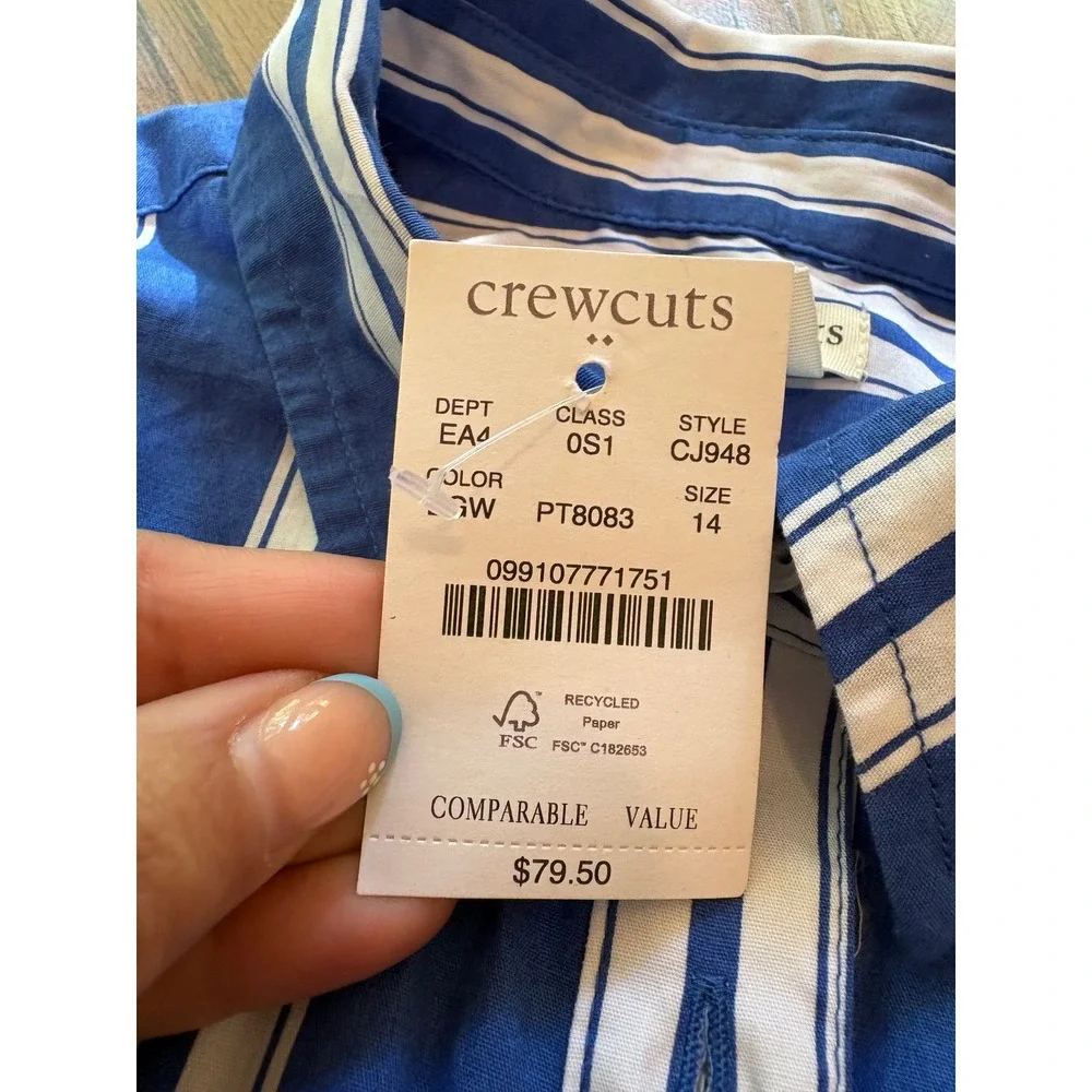 Crewcuts Girls Blue White Striped Ruffle‎ Shirtdress Size 14 NWT